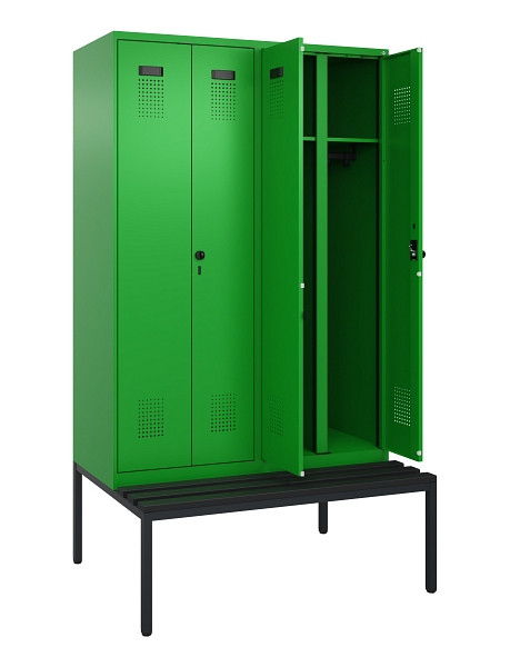 C+P Schwarz-Weiß-Spind Evolo PLUS, Bank, 4 Abteile, 2120x1200x815mm, 6037/6037, Drehriegel, Sitzfläche Kunststoff, Sitzbank, 0490527-40 S10080