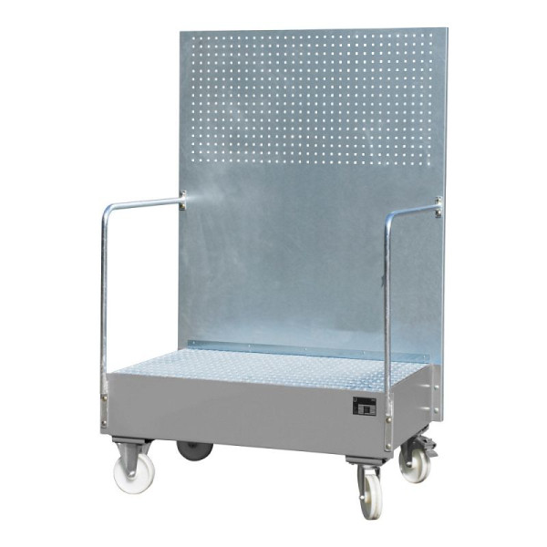 STEIN HGS Fahrbare Auffangwanne mit Lochplattenwand LPW, 215 Liter, RAL 7005 mausgrau, Höhe 2015mm, lackiert, 2x200 Liter Fass, Breite 1290mm, 79205.0011