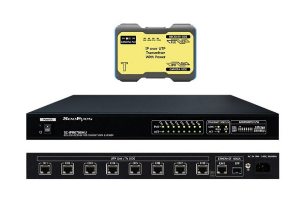 SeeEyes Medienkonverter Set, 8-Kanal, Ethernet über UTP, Sender, Empfänger, Reichweite 800m, SC-IPC0708HU