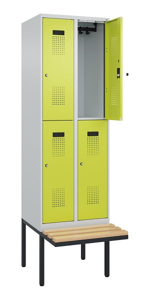 C+P Doppelstock-Spind Evolo PLUS, Bank, 4 Fächer, 2120x600x815mm, 7035/0024, Zylinderschloss, Sitzfläche Buche-Hartholz, 0493407-20 S10042