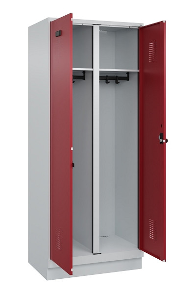 C+P Schwarz-Weiß-Spind Evolo PLUS, mit Sockel, 2 Abteile, 1950x800x500mm, 7035/3, Frontfarbe RAL 3003 Rubinrot, Drehriegel, 049022-22 S10004