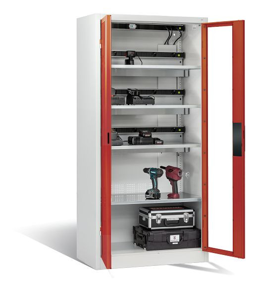 C+P Akkuladeschrank Serie 89, H1950xB930xT500mm, Farbe: Lichtgrau / feuerrot, Muldengriff, 8921-055E3 S10005