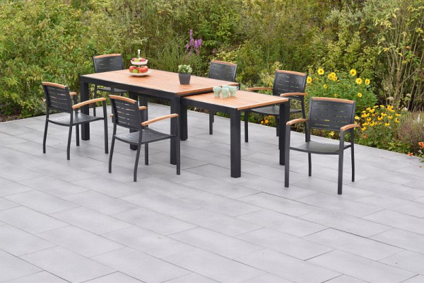 Merxx Tinos Set 7-teilig, 6 Tinos Stapelsessel, 1 Flex Ausziehtisch 180/180 x 100/83 x 80/74 cm, Tischplatte aus Akazienholz, 50817-217