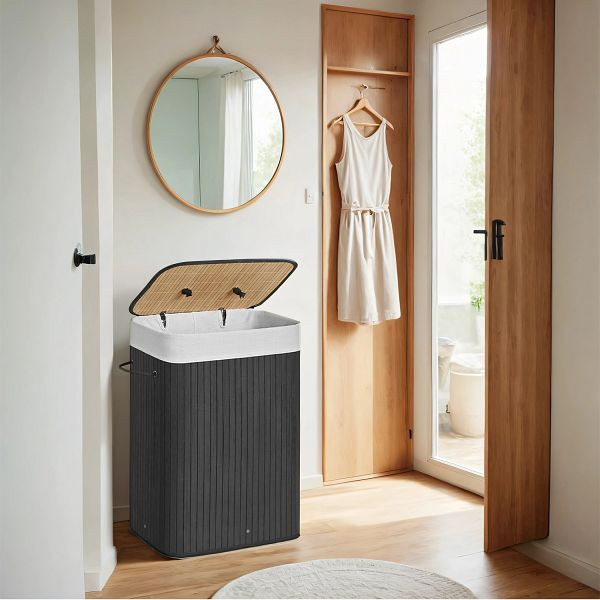 SONGMICS Bambus-Wäschekorb, 72L faltbarer Wäschekorb, rechteckiger Aufbewahrungskorb mit 3 Griffen, 40 x 30 x 60 cm, schwarzer, LCB10B