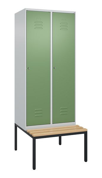 C+P Umkleidespind Classic PLUS mit Mitteltrennwand, Bank, 2 Abteile, 2120x800x815mm, 7035/6011, Zylinderschlösser, Buche-Sitzleisten, 0800507-22F S10050