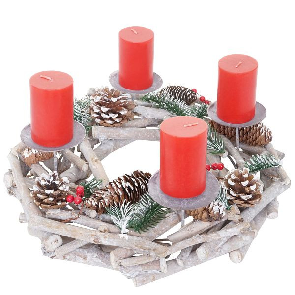 Mendler Adventskranz rund, Weihnachtsdeko Tischkranz, Holz Ø 35cm weiß-grau, mit Kerzen, rot, 56575