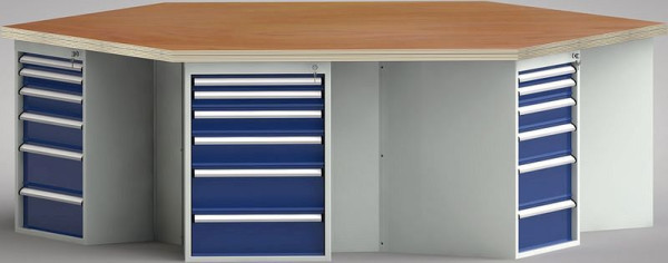 KLW PROFI-Werkbank in Sechseckform (ERGO-Version) mit Buchen-Multiplexplatte in 6-Eck-Form 2338 x 2700 x 45 mm L x B x S, WP620E-1350M45-E8015