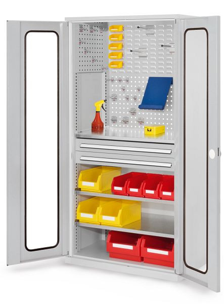 Kappes RasterPlan Schubladenschrank, Modell 31, RAL 7035, Sichtfenstertür, 1950 x 1000 x 600 mm, 2 Schubladen H 100 mm, 1460.01.5013