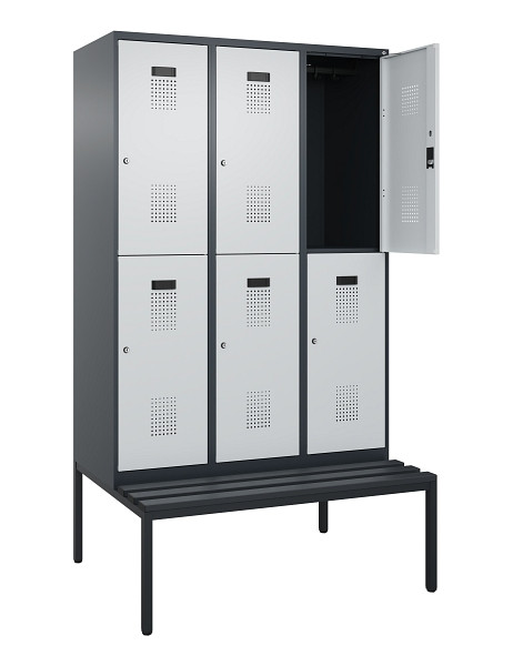 C+P Doppelstock-Spind Evolo PLUS, Bank, 6 Fächer, 2120x1200x815mm, 7016/7035, Zylinderschloss, Sitzfläche Kunststoff, Sitzbank, 0493507-32 S10125