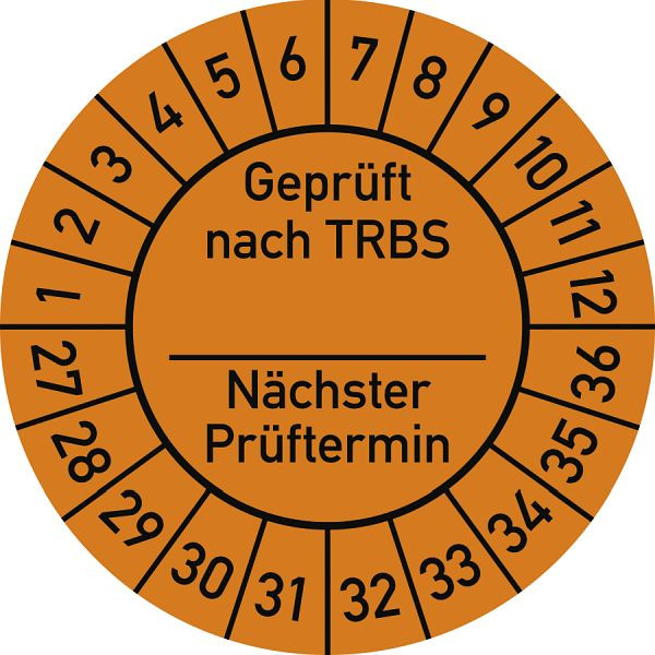 Moedel Prüfplakette Geprüft nach TRBS...2027 - 2036, Folie, Ø 30 mm, VE: 10 Stück/Bogen, 108315