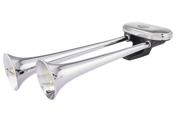 HELLA Fanfare, 24V, Frequenzbereich: 300/350Hz, Fanfare Zweiklang, pneumatisch, Gehäusefarbe: chrom/schwarz, Rohrstutzen, Flachstecker, 3PB 005 411-001