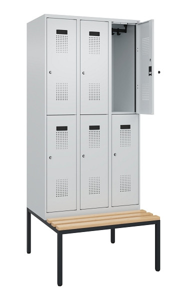 C+P Doppelstock-Spind Evolo PLUS, Bank, 6 Fächer, 2120x900x815mm, 7035/7035, Zylinderschloss, Sitzfläche Buche-Hartholz, Sitzbank, 0493507-30 S10040