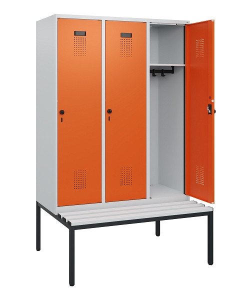 C+P Spind Evolo PLUS, 3 Abteile, 1950x1200x815mm, 7035/2004, Drehriegel, Sitzfläche Kunststoff, Sitzbank, 0490505-32 S10056