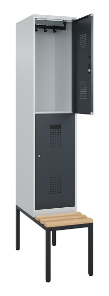 C+P Doppelstock-Spind Evolo PLUS, Bank, 2 Fächer, 2120x400x815mm, 7035/7016, Zylinderschloss, Sitzfläche Buche-Hartholz, Sitzbank, 0493507-12 S10039