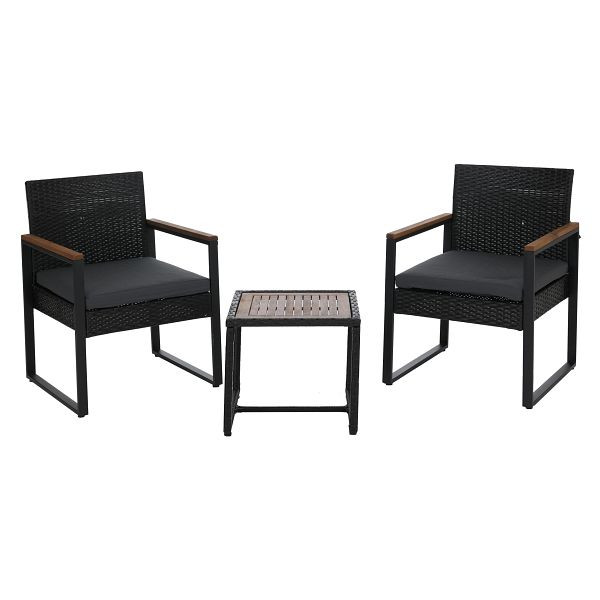 Mendler Poly-Rattan Garnitur HWC-P74, Lounge-Set Garten 2x Stuhl Tisch, Akazie Holz Stoff 180g/m², schwarz, Polster grau, 119734