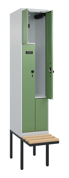 C+P Z-Spind Evolo PLUS, Bank, 2 Fächer, 2120x400x815mm, 7035/6011, Drehriegel, Sitzfläche Holz, 0490437-122 S10002