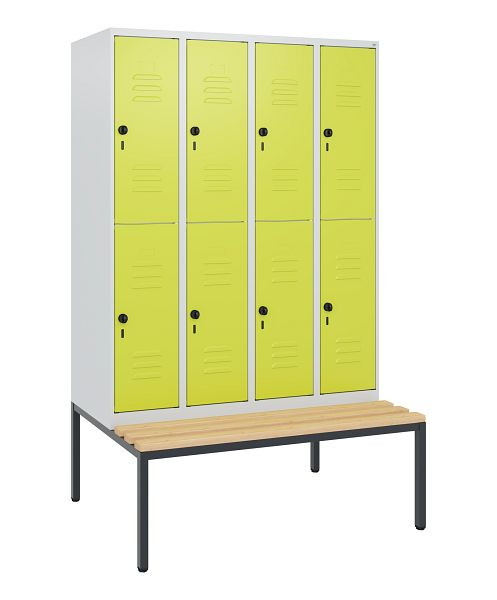 C+P Doppelstöckiger Spind Classic PLUS, 4 Abteile, 1950x1200x815mm, 7035/0024, Drehriegel, Buche-Sitzleisten, mit untergebauter Sitzbank, 0803505-40 S10010
