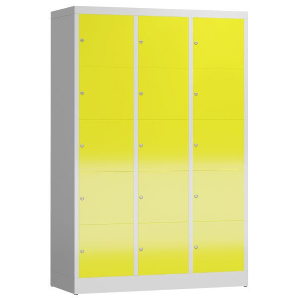 Lüllmann ClassiX Schließfachschrank, 3 Abteile à 5 Fächer, 1800 x 1185 x 500 mm, lichtgrau/zinkgelb, X-523536