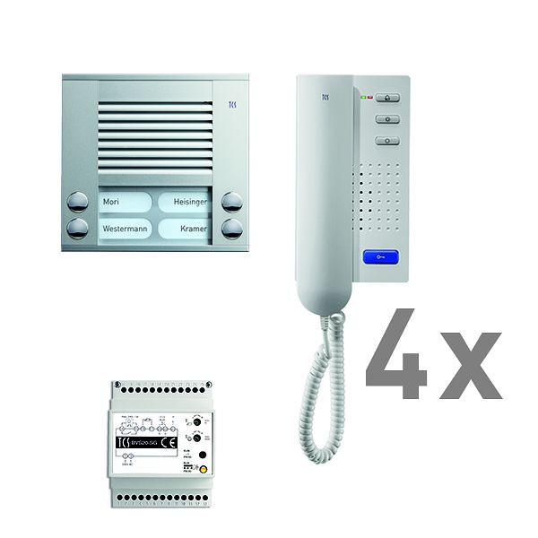TCS Türkontrollsystem audio:pack AP für 4 Wohneinheiten, mit Außenstation PES 4 Klingeltasten, 4x Türtelefon ISH3030, Steuergerät BVS20, PAAH042/001