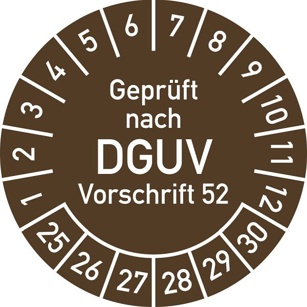 Moedel Prüfplakette Geprüft nach DGUV Vorschrift 52, 2025-2030, Polyesterfolie, Ø40mm, VE: 10 Stück/Bogen, 106413