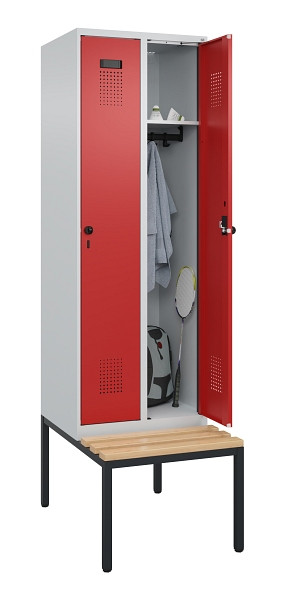 C+P Spind Evolo PLUS, 2 Abteil, 2120x600x815mm, 7035/3000, Drehriegel, Sitzfläche Buche-Hartholz, Sitzbank, 0490507-20 S10003