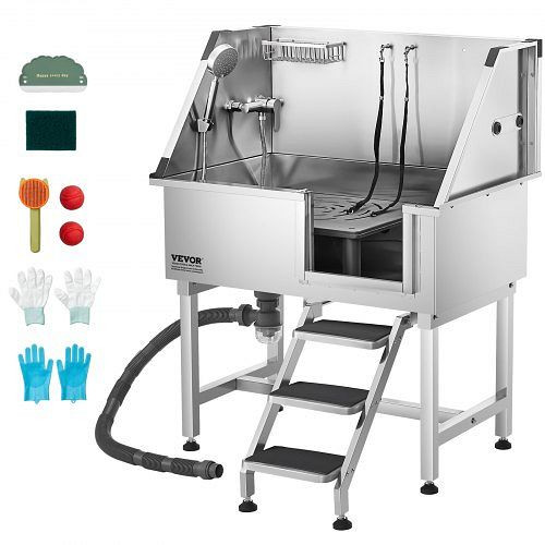 VEVOR Hundewaschstation aus Edelstahl, 961x620x1220 mm Tierpflegewanne mit Treppe, Wasserhahn, Duschkopf & Seifenhalter, BXGCWYG38CZJBI6YSV0
