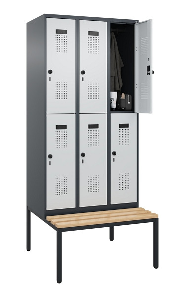 C+P Doppelstock-Spind Evolo PLUS, Bank, 6 Fächer, 2120x900x815mm, 7016/7035, Drehriegel, Sitzfläche Buche-Hartholz, Sitzbank, 0493507-30 S10017