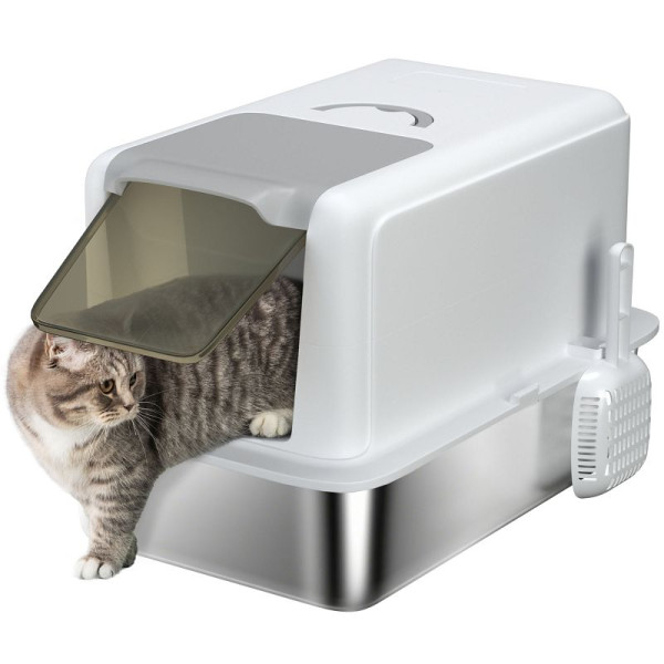 PawHut Katzentoilette, Wanne aus Edelstahl, Filter, Schaufel, für Katzen bis 6 kg, 40,5 x 60,5 x 41,5 cm, Weiß/Silber, D31-103V00WT