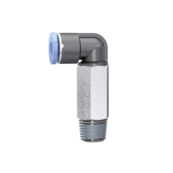 Riegler L-Steckverschraubung »Blaue Serie« mini, lang, drehbar, R 1/8, für Schlauch-Außen-Ø 4 mm, pmax 10 bar, Kunststoff/Messing vernickelt, 148837