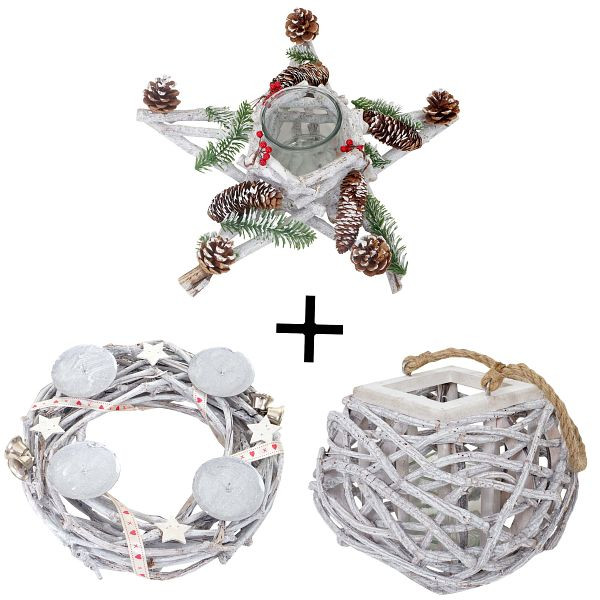 Mendler 3er Set Adventskranz + Windlicht + Gesteck, Weihnachtsdeko Tischkranz Stern mit Glaseinsatz, 51908+51911+51910