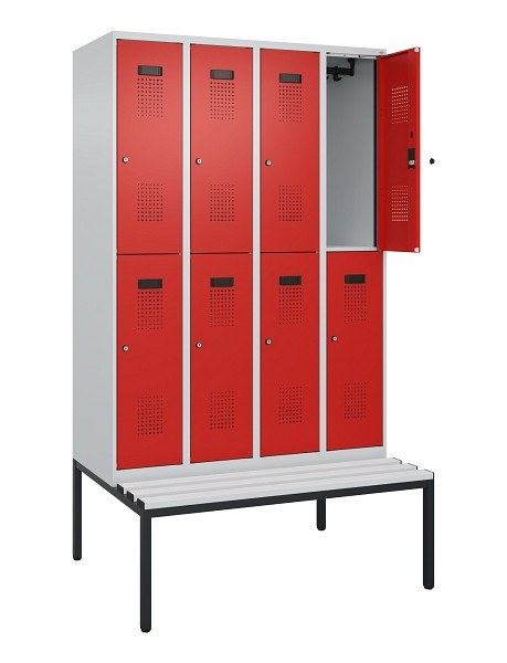 C+P Doppelstock-Spind Evolo PLUS, Bank, 8 Fächer, 2120x1200x815mm, 7035/3020, Zylinderschloss, Sitzfläche Kunststoff, Sitzbank, 0493507-40 S10113