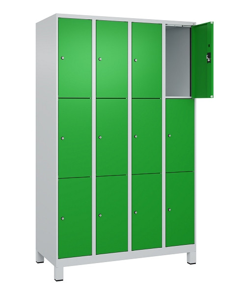 C+P Schließfachschrank Evolo PLUS, mit Füßen, 12 Fächer, 1950x1200x500mm, 7035/6037 Reingrün, Abteile 4, Abteilbreite 300 mm, 049010-403 S10011