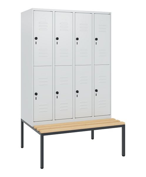 C+P Doppelstöckiger Spind Classic PLUS, 4 Abteile, 1950x1200x815mm, 7035/7035, Drehriegel, Buche-Sitzleisten, mit untergebauter Sitzbank, 0803505-40 S10009