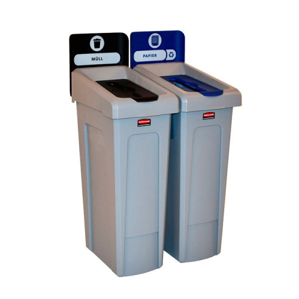 STEIN HGS Slim Jim Recycling-Station für 2 Abfallströme, DE, Papierdeckel, grau, schwarz, blau, 83897.0002