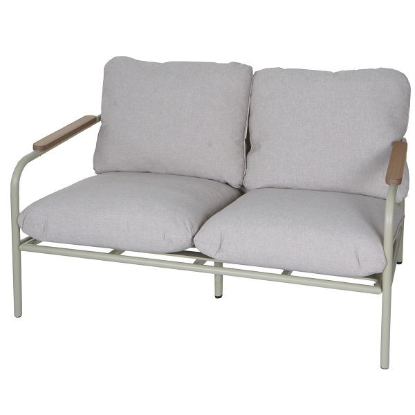 Mendler Aluminium-Gartenbank HWC-O11, Outdoor 2-Sitzer Sitzbank Sofa, Olefin Stoff (205 g/m²) 125cm, hellgrün Polster beige, 110596