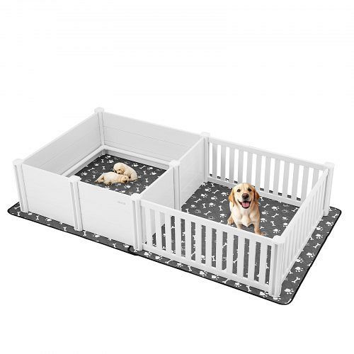 VEVOR Wurfkiste für Hunde, 235x123x46 cm, PVC-Laufstall mit verstellbarer Tür & waschbarer Unterlage, 2 Räume, Milchweiß, GYZXZHZHSLCDU0FB2V0