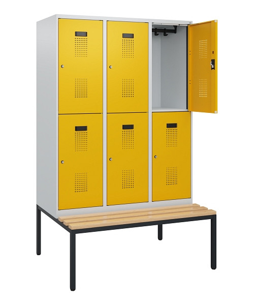 C+P Doppelstöckiger Spind Evolo PLUS, Bank, 6 Fächer, 1950x1200x815mm, 7035/1004, Zylinderschloss, Sitzfläche Buche-Hartholz, Sitzbank, 0493505-32 S10018