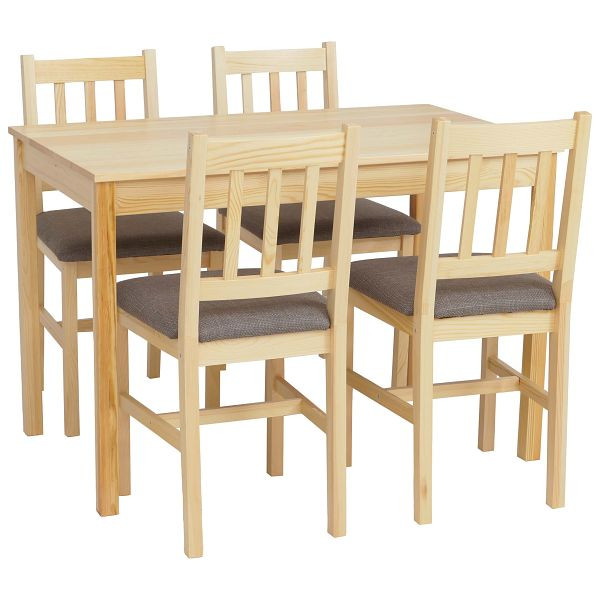 Mendler Esszimmer-Set HWC-F77, Sitzgruppe Esszimmergruppe, Massiv-Holz Kiefer Stoff Landhaus 110cm, natur Polster grau, 118619