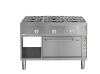 Produktbild von Locher Gasherd, 6 Kochstellen und Elektro-Bratofen GN 2/1, offener Unterbau, D-Brenner, E-Brenner, 290104 Locher Gasherd, 6 Kochstellen und Elektro-Bratofen GN 2/1, offener Unterbau, D-Brenner, E-Brenner, 290104