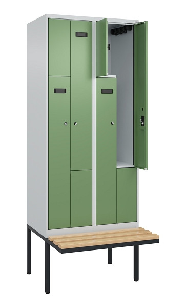 C+P Z-Spind Evolo PLUS, Bank, 4 Fächer, 2120x800x815mm, 7035/6011, Zylinderschloss, Sitzfläche Holz, 0490437-224 S10033