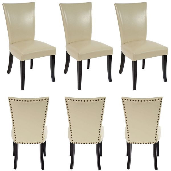Mendler 6er-Set Esszimmerstuhl Chesterfield, Stuhl Küchenstuhl, Nieten, Kunstleder, creme, dunkle Beine, 35765+35765+35765