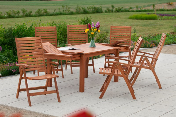 Merxx La Plata Set 7-teilig, 6 La Plata Klappsessel, 5-fach verstellbar, 1 Seitenausziehtisch, 150 (185/220) x 90 cm, FSC Eukalyptusholz, 50023-011