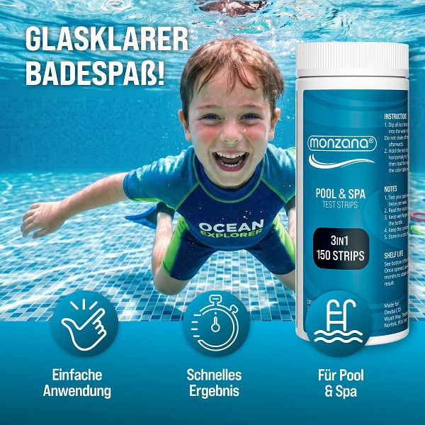 monzana Pool Teststreifen 3in1 Wassertester 150 Stück für Pool Schwimmbad Whirlpool Spa chemisch pH Chlor Alkalinität, 110255