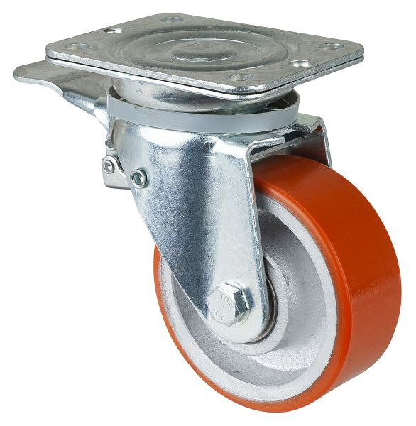 BS Rollen Schwerlastrolle mit Feststeller, Breite 50 mm, Ø125 mm, bis 550 kg, Guss-Polyurethan 95 Shore A, Radkörper Guss, Kugellager, N120.C10.129