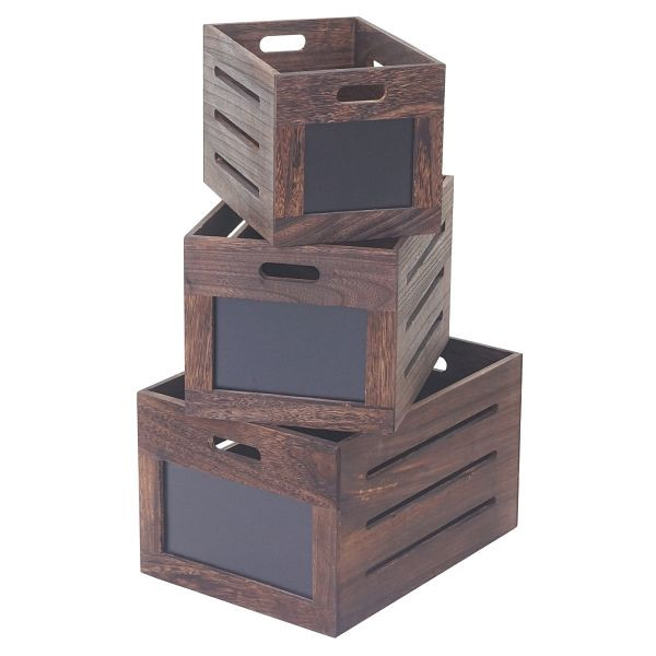 Mendler 3er Set Holzkiste HWC-E11, Aufbewahrungsbox mit Tafel, Shabby-Look, vintage braun, 50626
