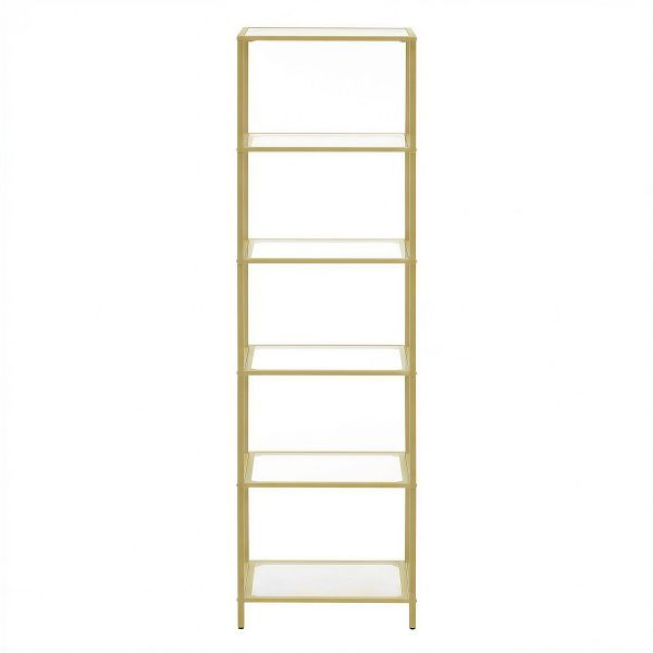 VASAGLE Bücherregal, sechsstöckiges Bücherregal, schlankes Regal, gehärtetes Glas, Stahlrahmen, metallisches Gold, LGT500A01