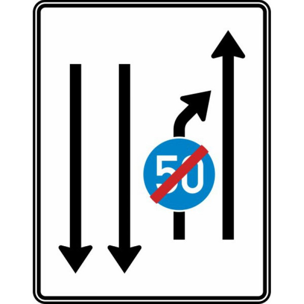 Stein HGS Einengungstafel mit Gegenverkehr, Einzug rechts, 1 Fahrstreifen in Gegenrichtung, Ende der Mindestgeschwindigkeit Nr. 536-21, RA1/Flachform 3mm, 1600x1250mm, 536-21-113