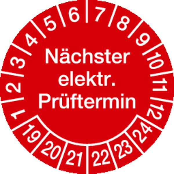 Schilder Klar Prüfplakette Nächster elektr. Prüftermin ab 23 rot/weiß, 30 mm Folie selbstklebend, VE: 40 Stück, 43/65.23