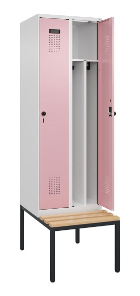 C+P Spind Evolo PLUS, 2 Abteile, 2120x600x815mm, 9016/3015, Drehriegel, Sitzfläche Buche-Hartholz, Sitzbank, 0490507-20F S10018