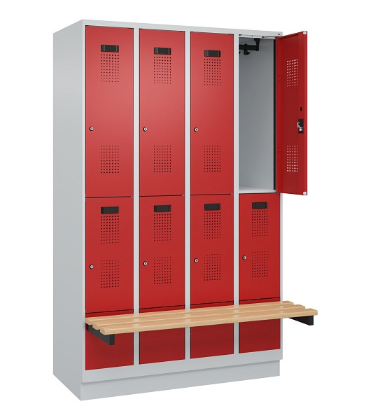 C+P Doppelstock-Spind Evolo PLUS, Bank, 8 Fächer, 1950x1200x815mm, 7035/3000, Zylinderschloss, Sitzfläche Buche-Hartholz, mit Sockel, 049340-40 S10030